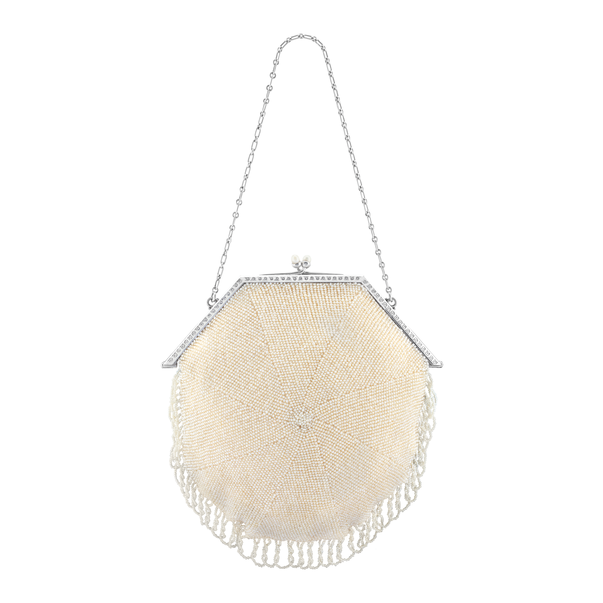 Sac du soir. Platine, perles whitehes, tissu, diamonds (1923)
Collection Van Cleef & Arpels