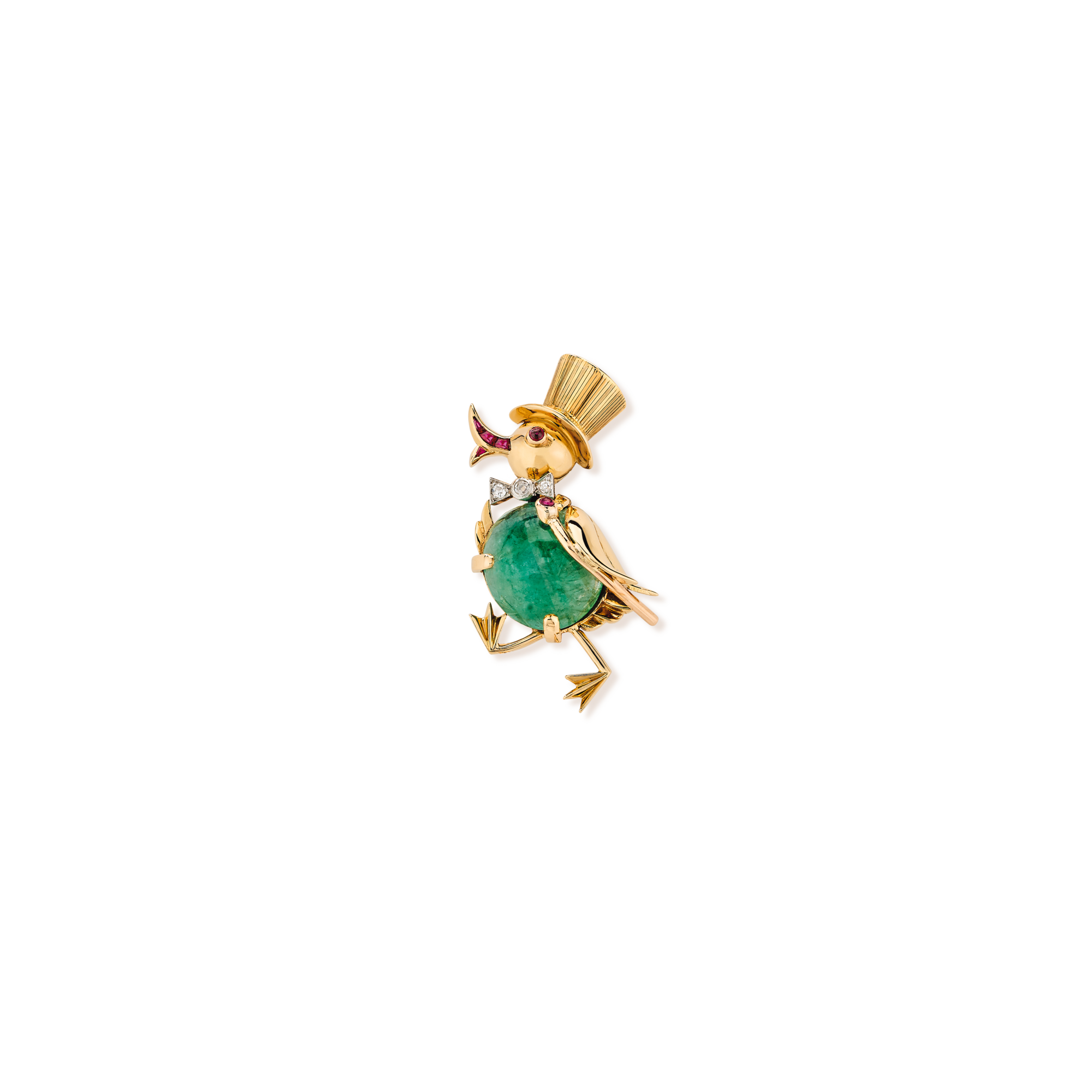 Duck With Its Hat clip, 1951
Platinum, yellow gold, emerald, rubies, and diamonds
Van Cleef & Arpels Collection