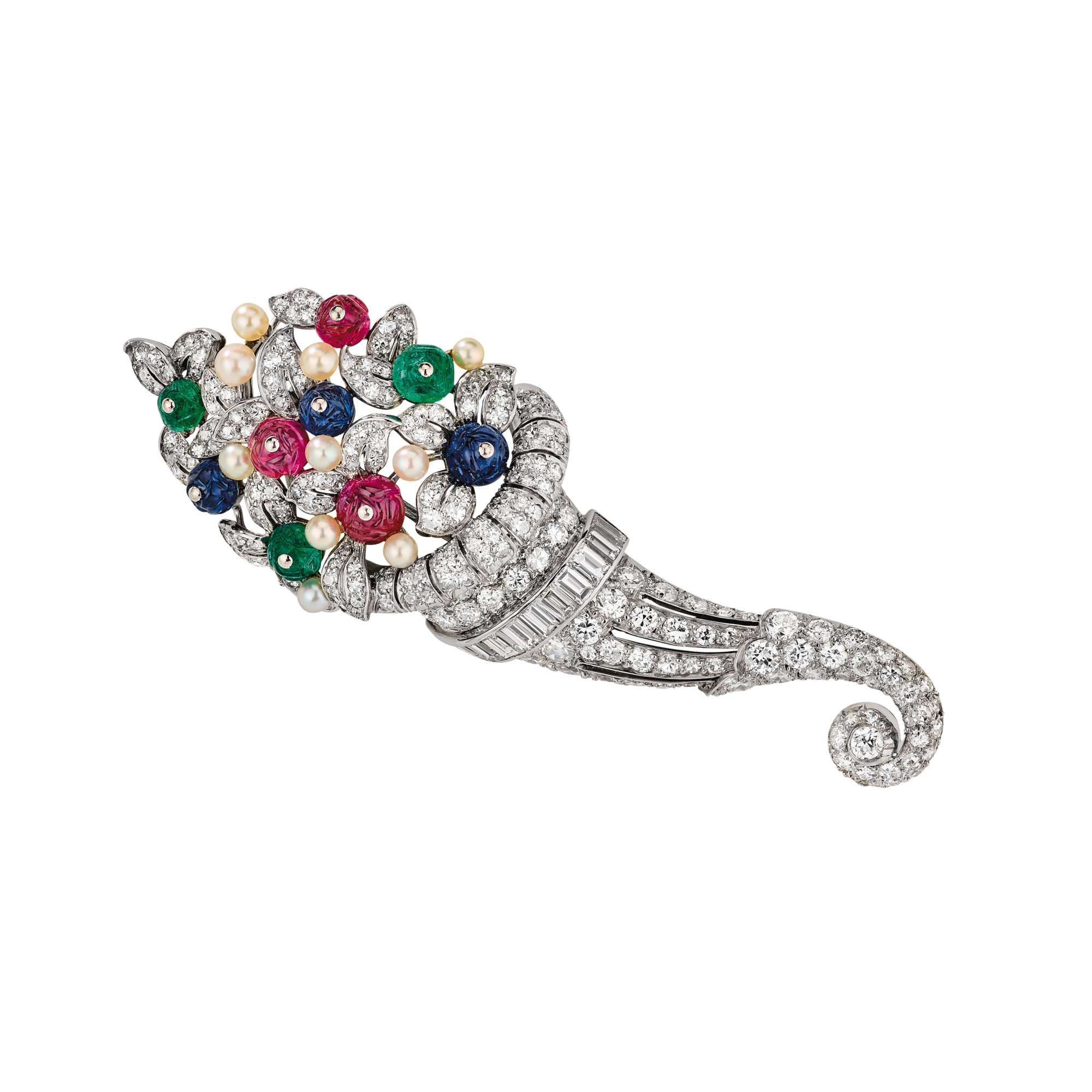 Clip Corne d'Abondance. Platine, gold white, perles whitehes, diamonds, saphirs, rubis, émeraudes (1929)
Collection Van Cleef & Arpels