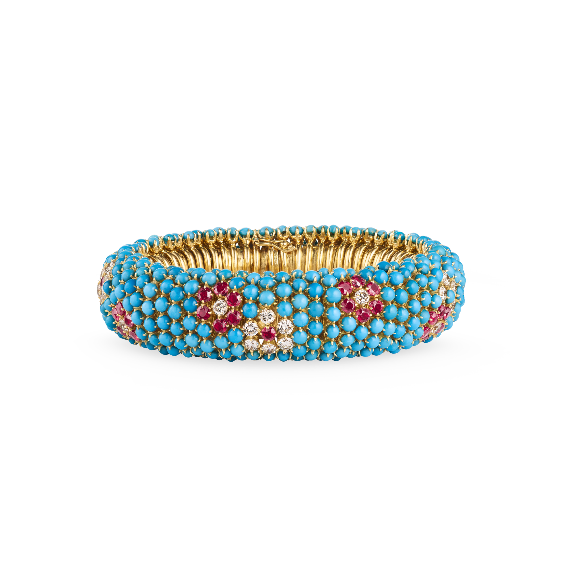 Bagatelle Pelouse bracelet, 1953
Yellow gold, rose gold, rubies, turquoise, and diamonds
Van Cleef & Arpels Collection