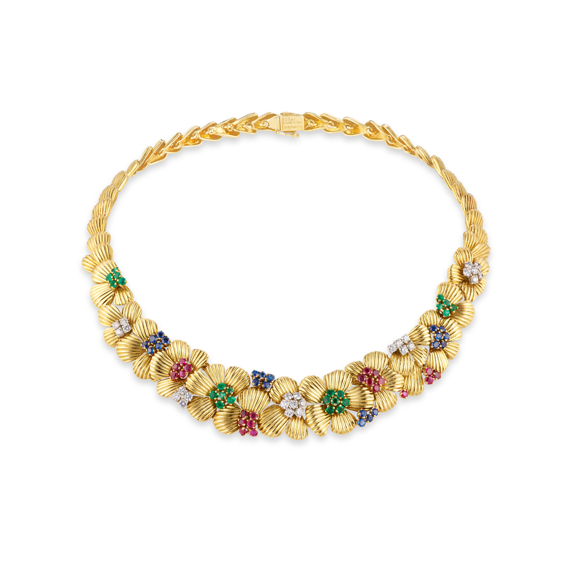 Necklace Fleurettes. gold yellow, rubis, émeraudes, saphirs, diamonds (1954)
