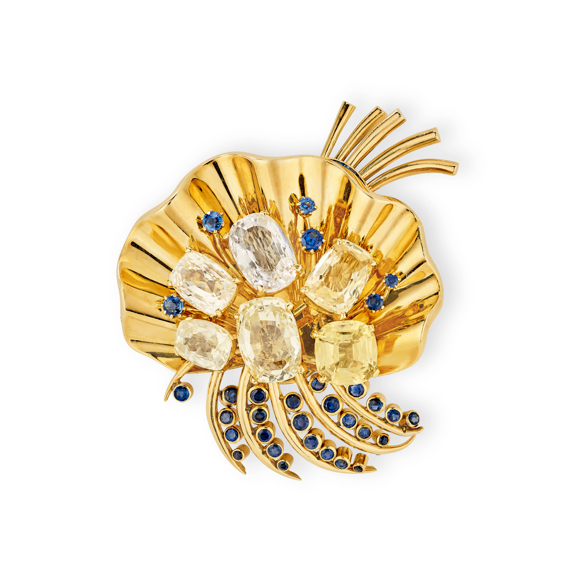 Clip Flower. gold yellow, gold white, gold rose, saphirsyellows, saphirs blue (1952)
Collection Van Cleef & Arpels