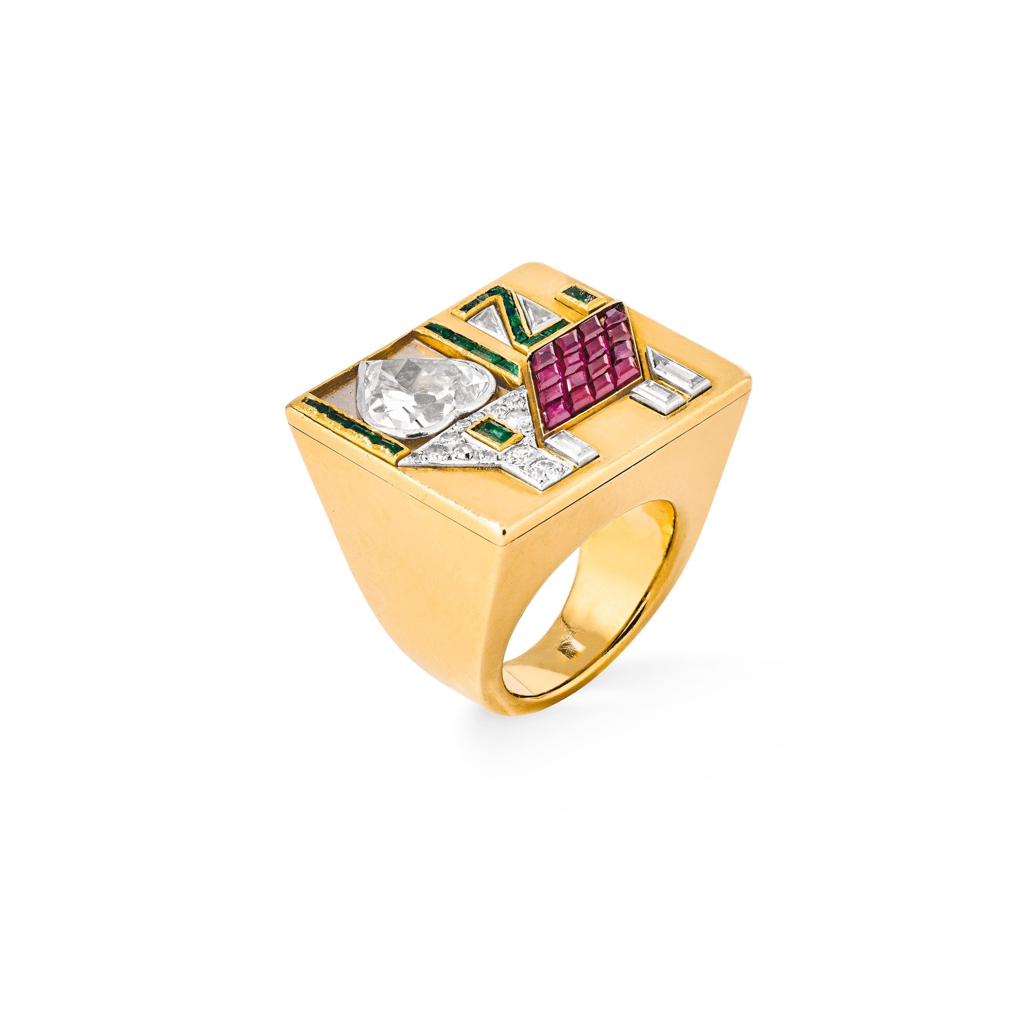 Cottage and Heart ring, 1942
Platinum, yellow gold, emeralds, Mystery Set rubies, and diamonds
Van Cleef & Arpels Collection