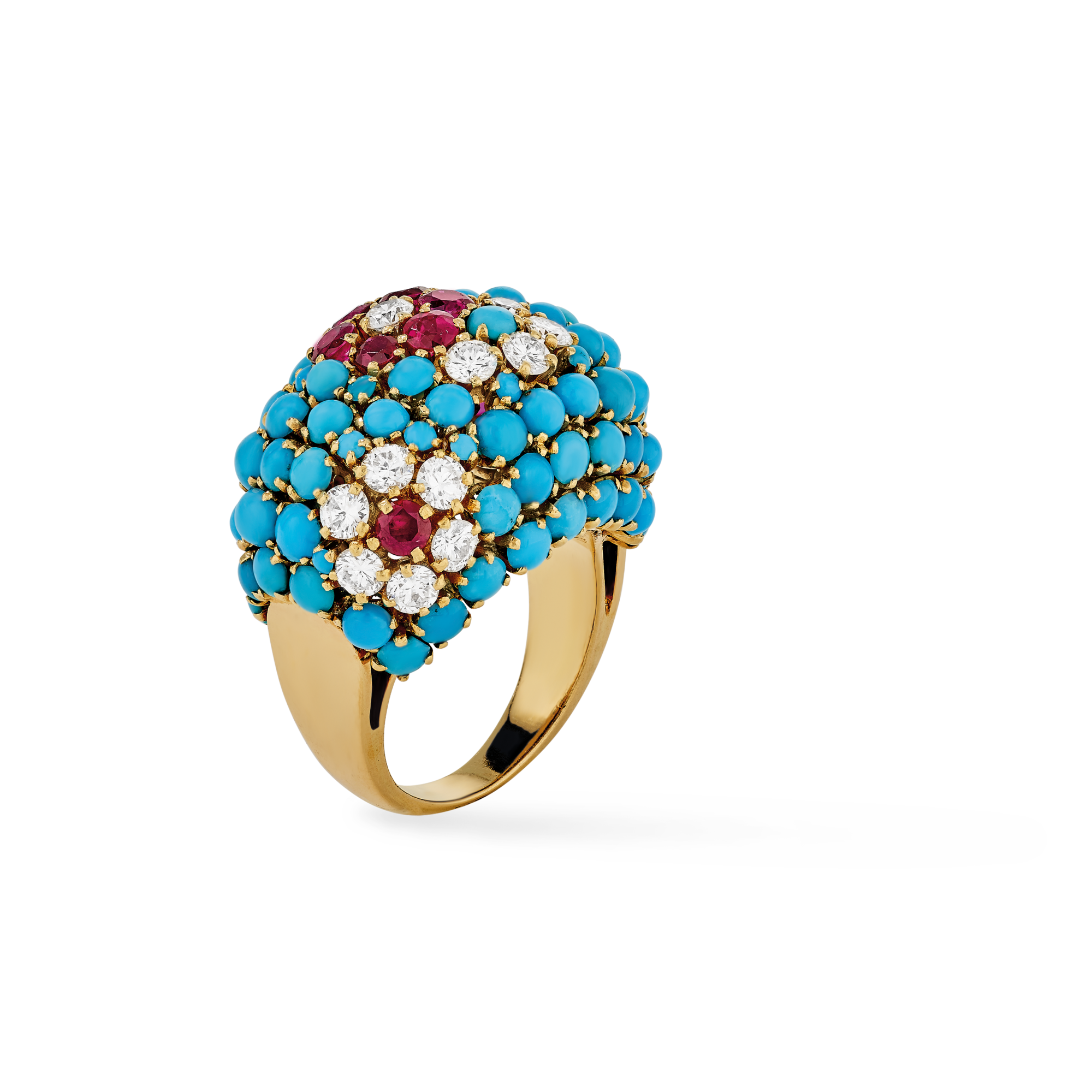 Bagatelle Pelouse ring, 1959
Yellow gold, rubies, turquoise, and diamonds
Van Cleef & Arpels Collection