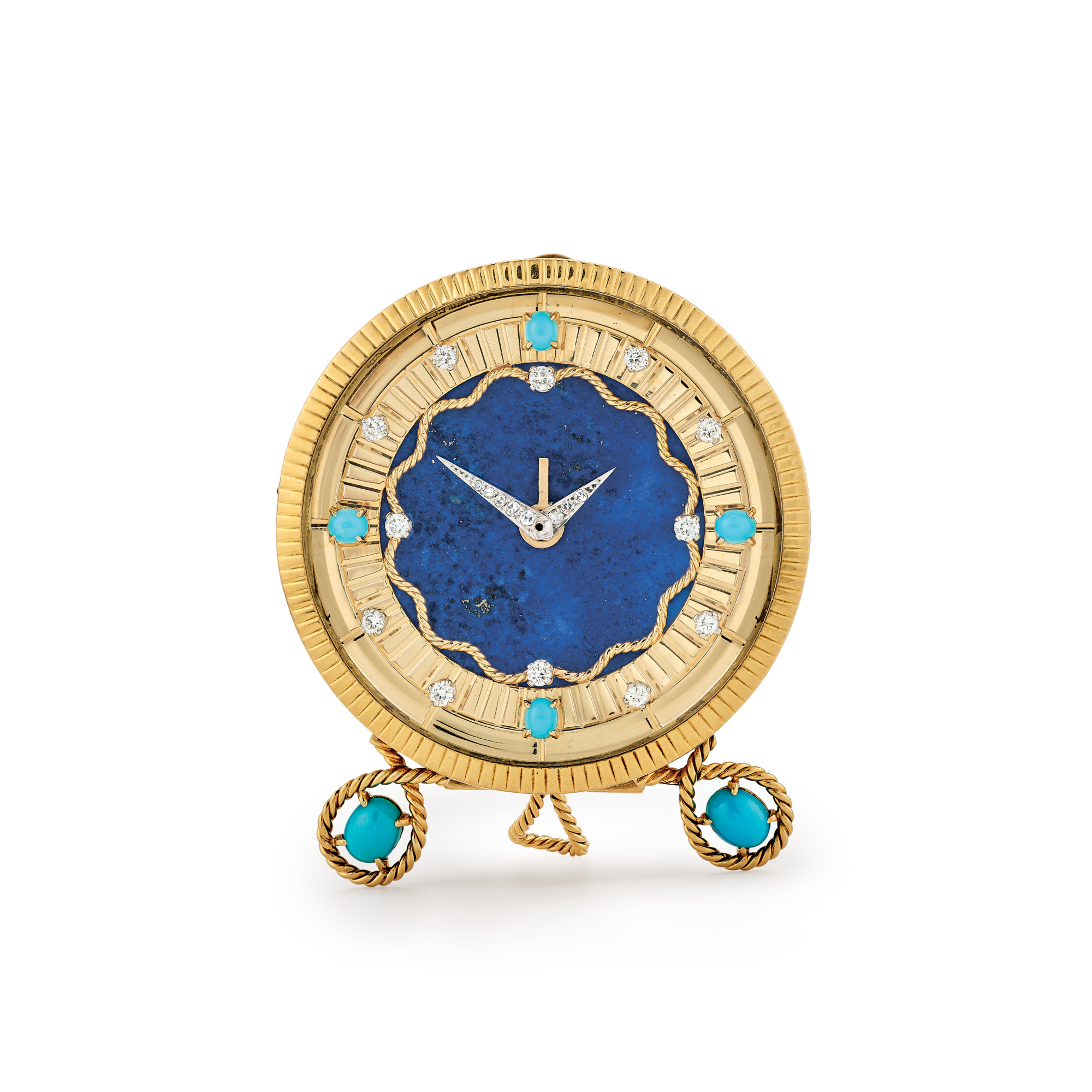 Table clock, circa 1950
Yellow gold, lapis lazuli, turquoise, diamonds
Van Cleef & Arpels Collection
