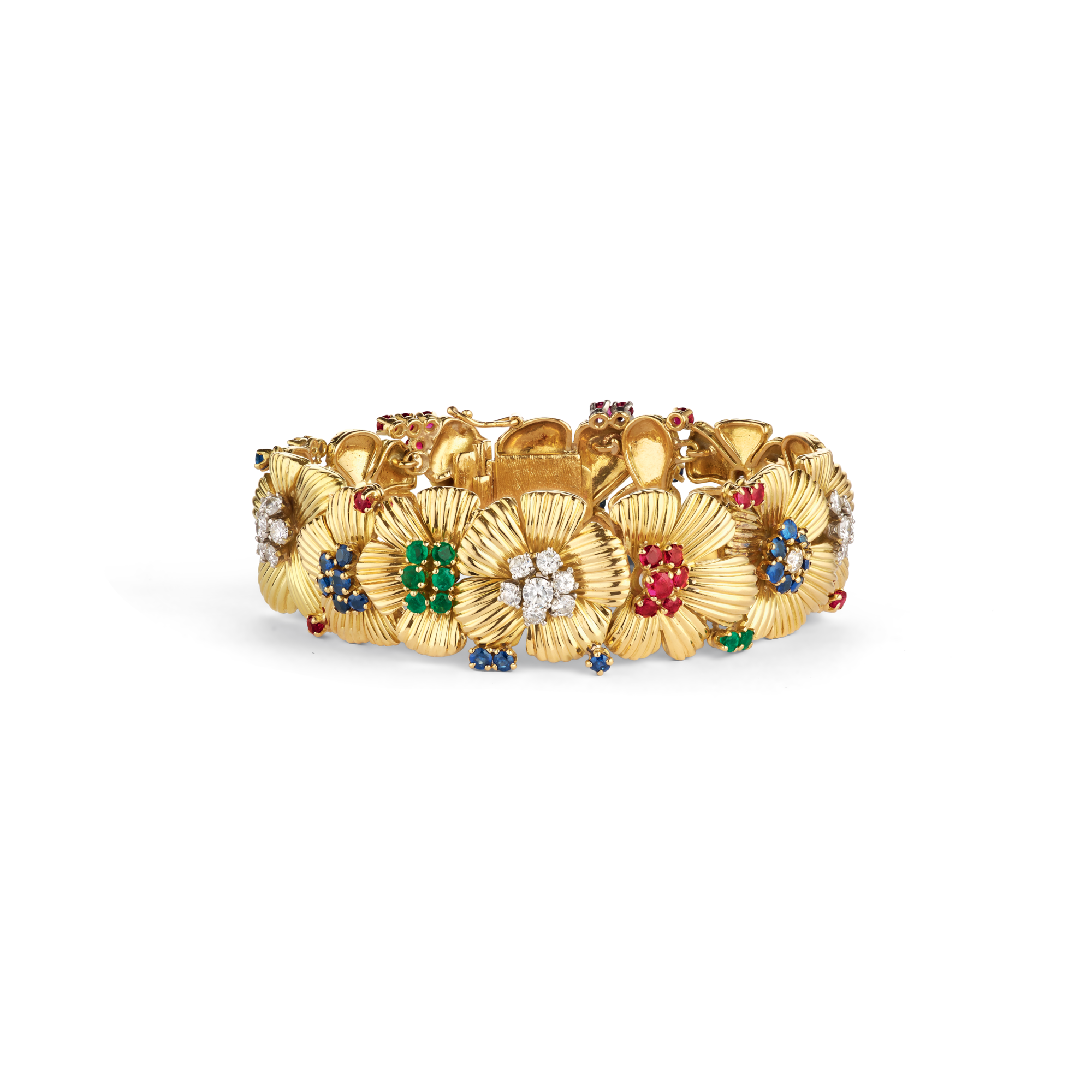 Flowers bracelet, c. 1950
Platinum, yellow gold, emeralds, rubies, sapphires, and diamonds
Van Cleef & Arpels Collection