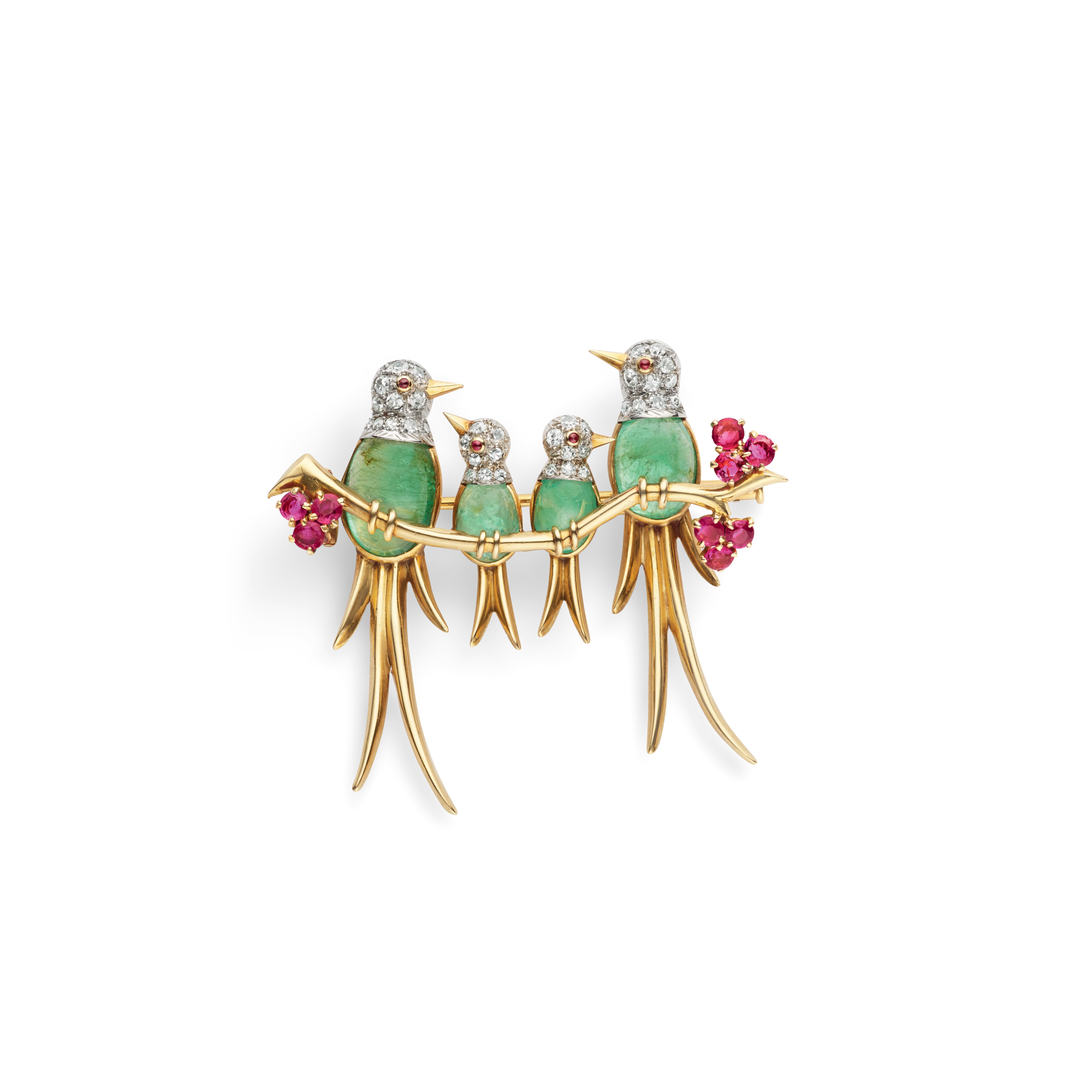 Four Birds on a Branch clip, 1946
Platinum, yellow gold, emeralds, rubies, and diamonds
Van Cleef & Arpels Collection