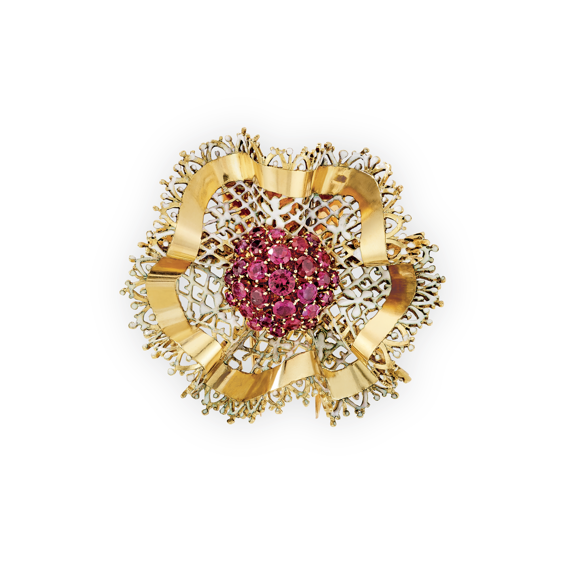 Lace clip, 1940
Yellow gold, rose gold, rubies, and enamel
Van Cleef & Arpels Collection