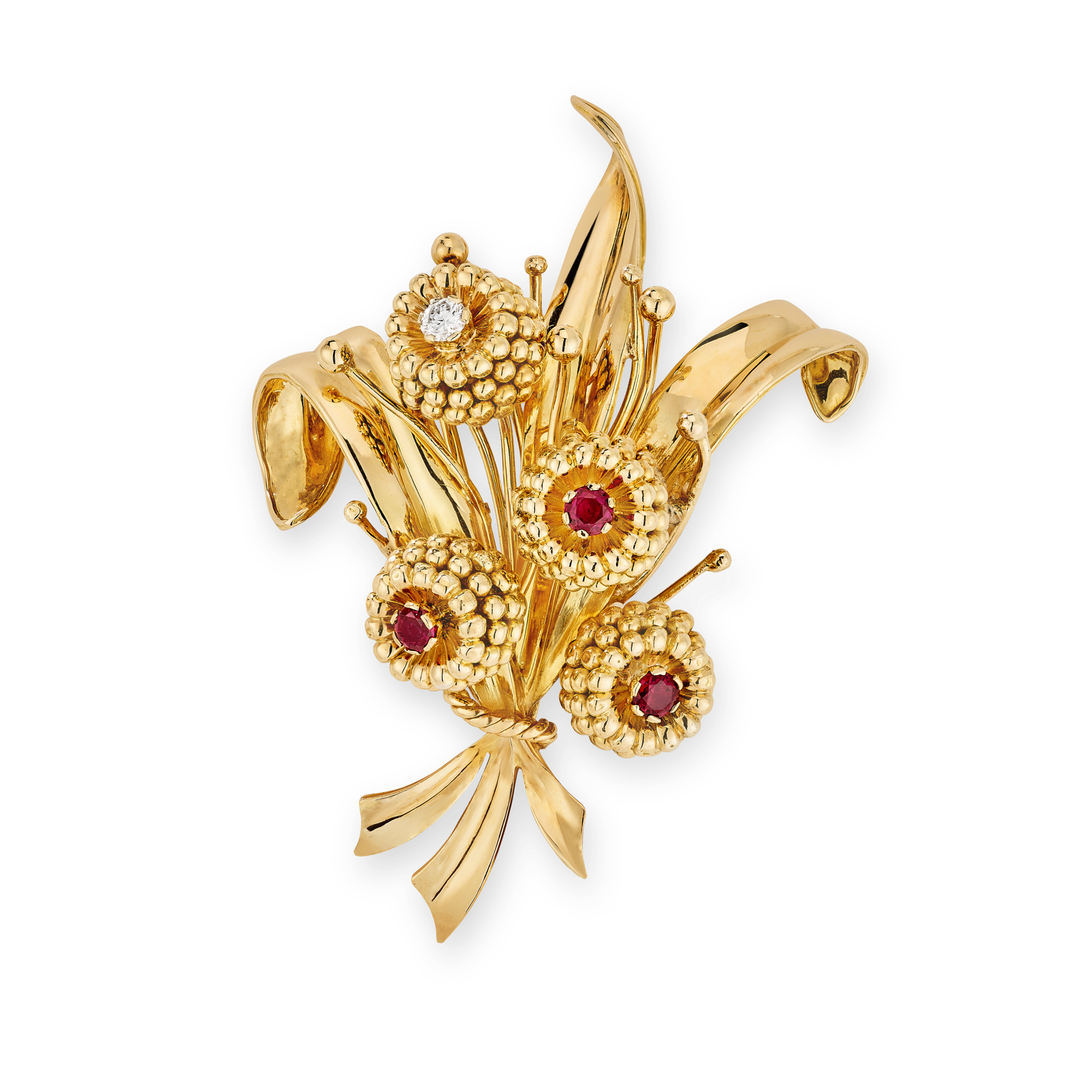 Four Flowers Couscous clip, c. 1949
Yellow gold, rose gold, rubies, and diamonds
Van Cleef & Arpels Collection