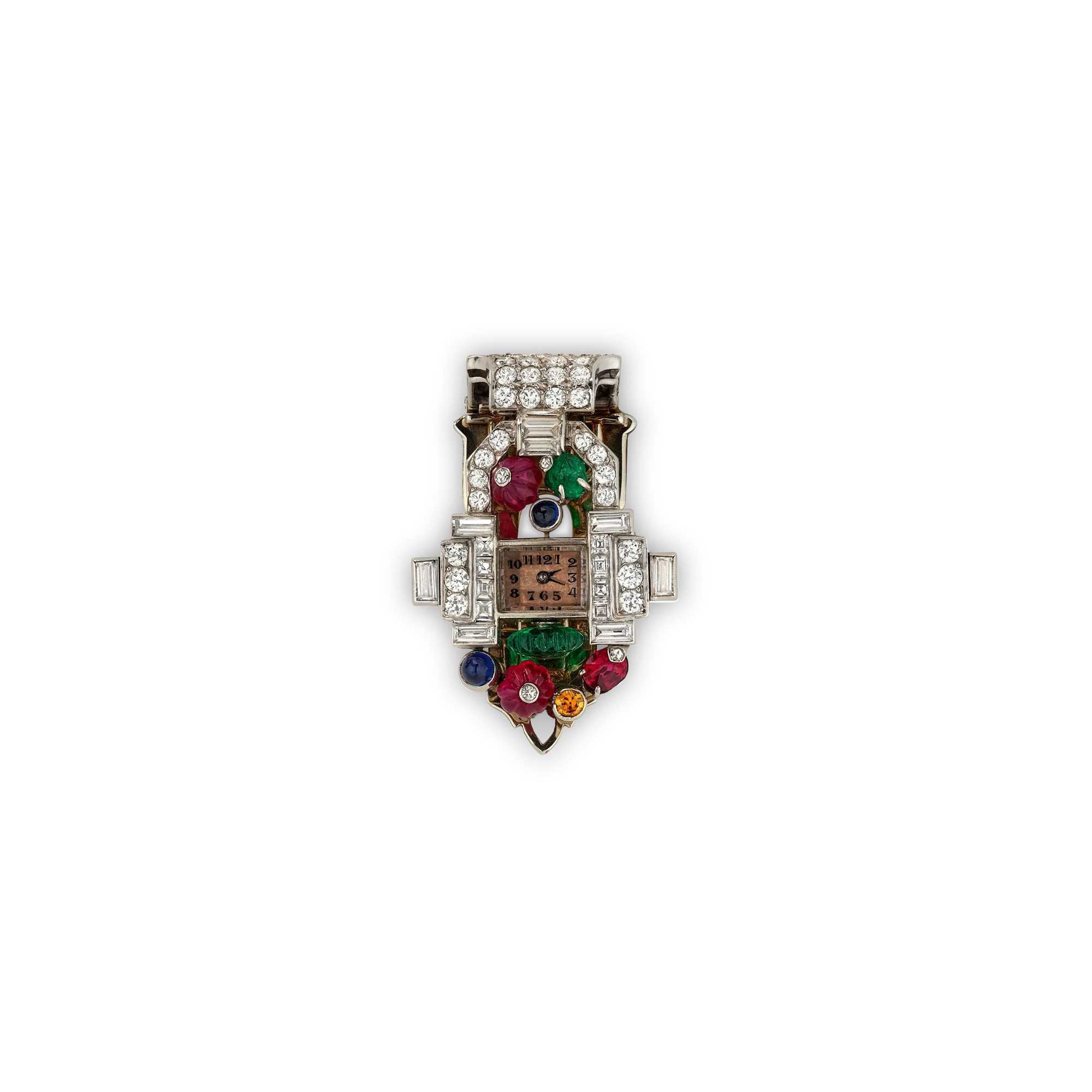 Watch clip, 1930
Platinum, white gold, emeralds, rubies, sapphires, yellow diamond, diamonds
Van Cleef & Arpels Collection