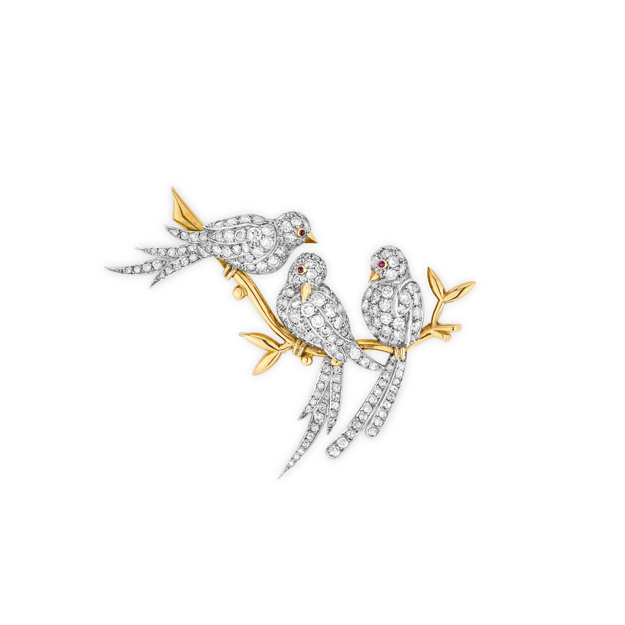 Three-bird on a Branch clip, 1950
Platinum, yellow gold, rubies, diamonds
Van Cleef & Arpels Collection