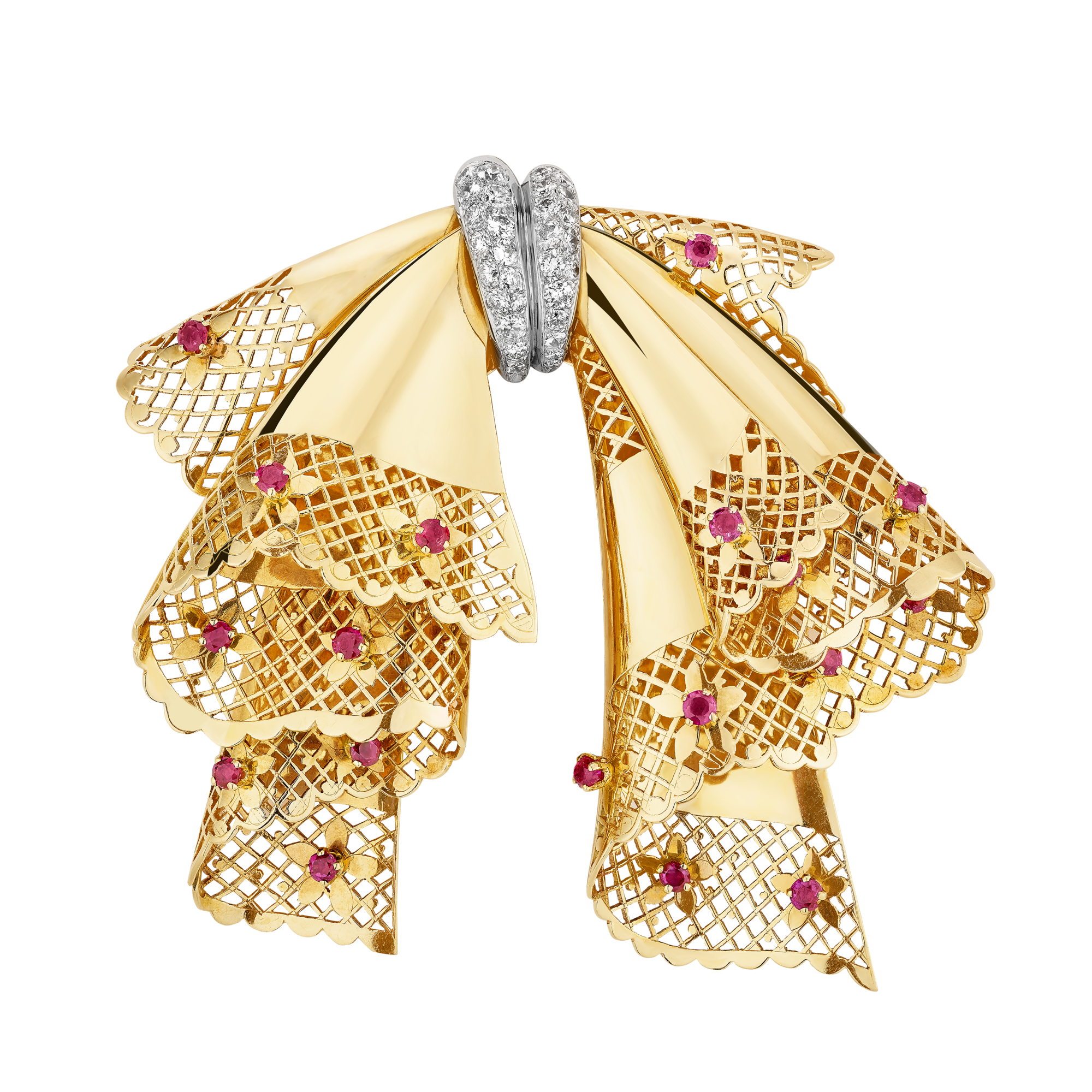 Bow clip, 1945
Yellow gold, rose gold, platinum, rubies, diamonds
Van Cleef & Arpels Collection