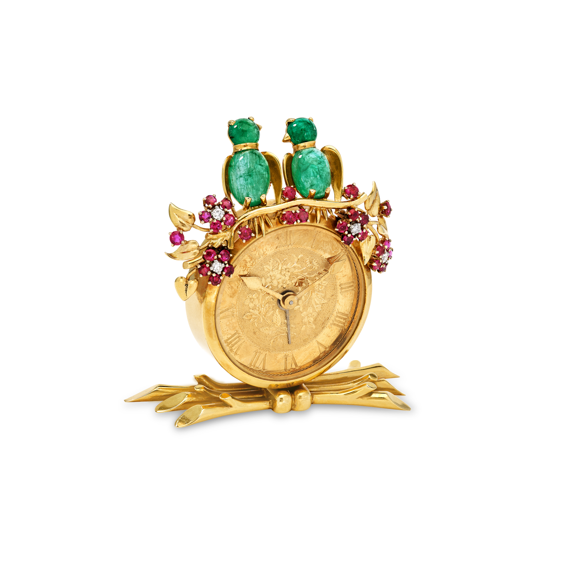 <p>Bird table clock, 1949 Yellow gold, platinum, emeralds, rubies, crystal, diamonds Van Cleef & Arpels Collection</p>