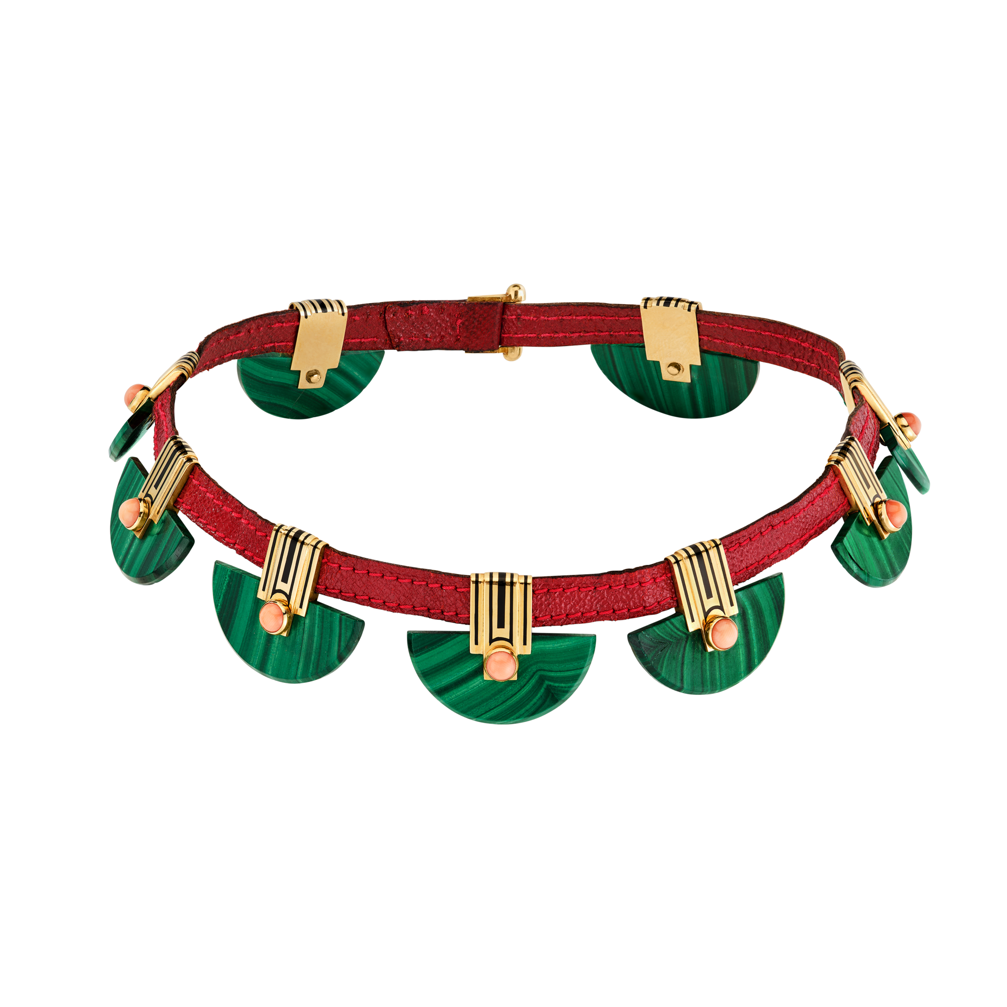 Necklace, 1930
Yellow gold, malachite, coral, leather, enamel
Van Cleef & Arpels Collection