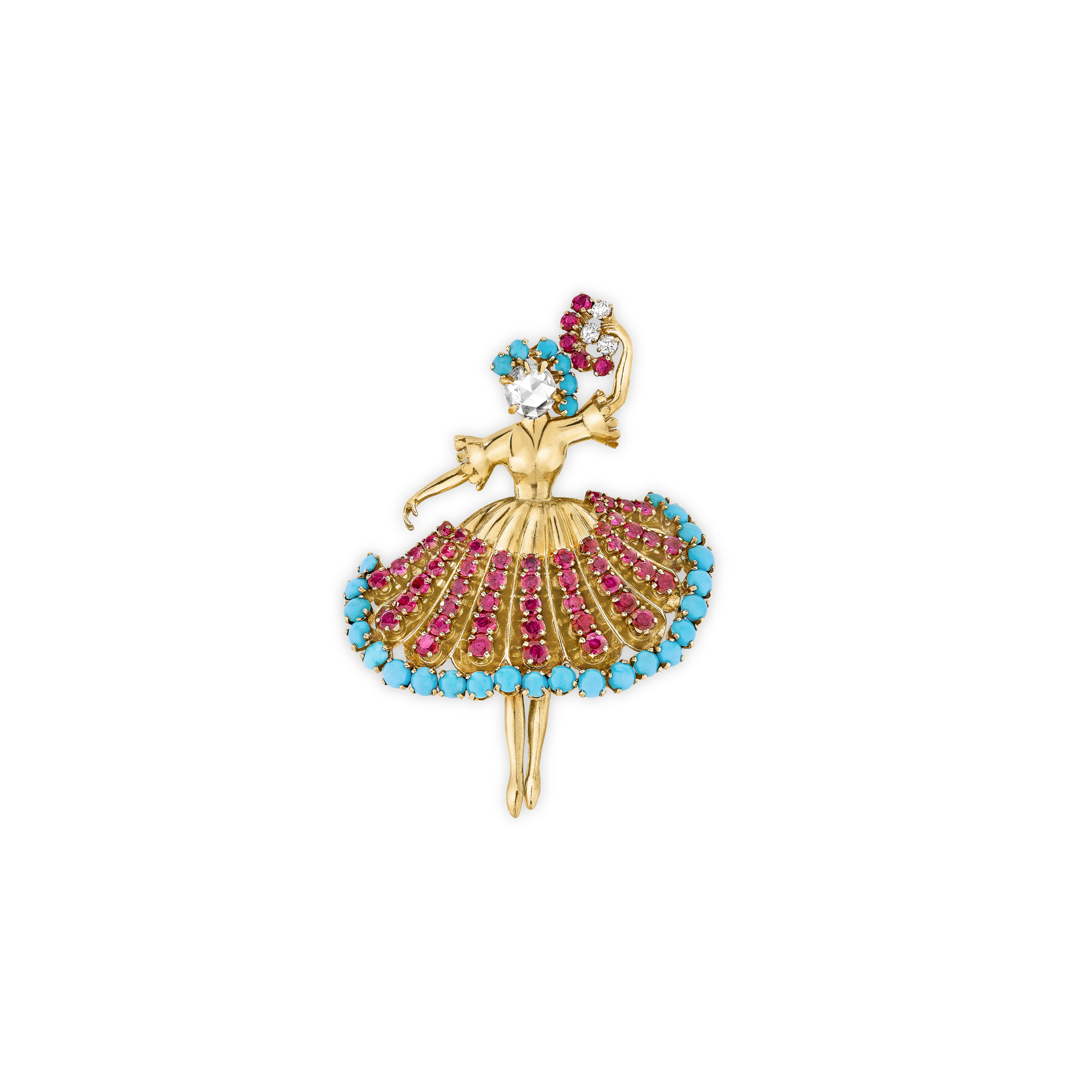 Dancer clip, 1945
Yellow gold, rubies, turquoise, diamonds
Van Cleef & Arpels Collection