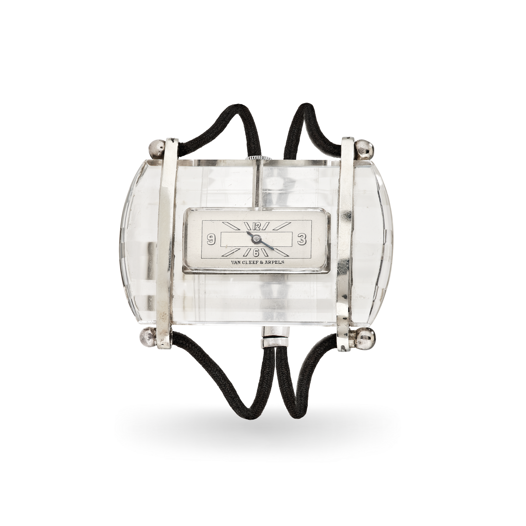 Wristwatch, circa 1930
Platinum, rock crystal, black cotton
Van Cleef & Arpels Collection