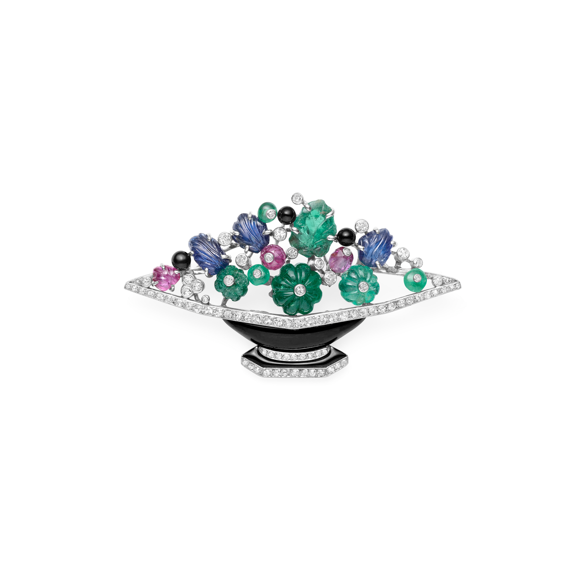 Fruit grain vase brooch, 1925
Platinum, yellow gold, emeralds, rubies, sapphires, onyx, enamel, diamonds
Van Cleef & Arpels Collection
