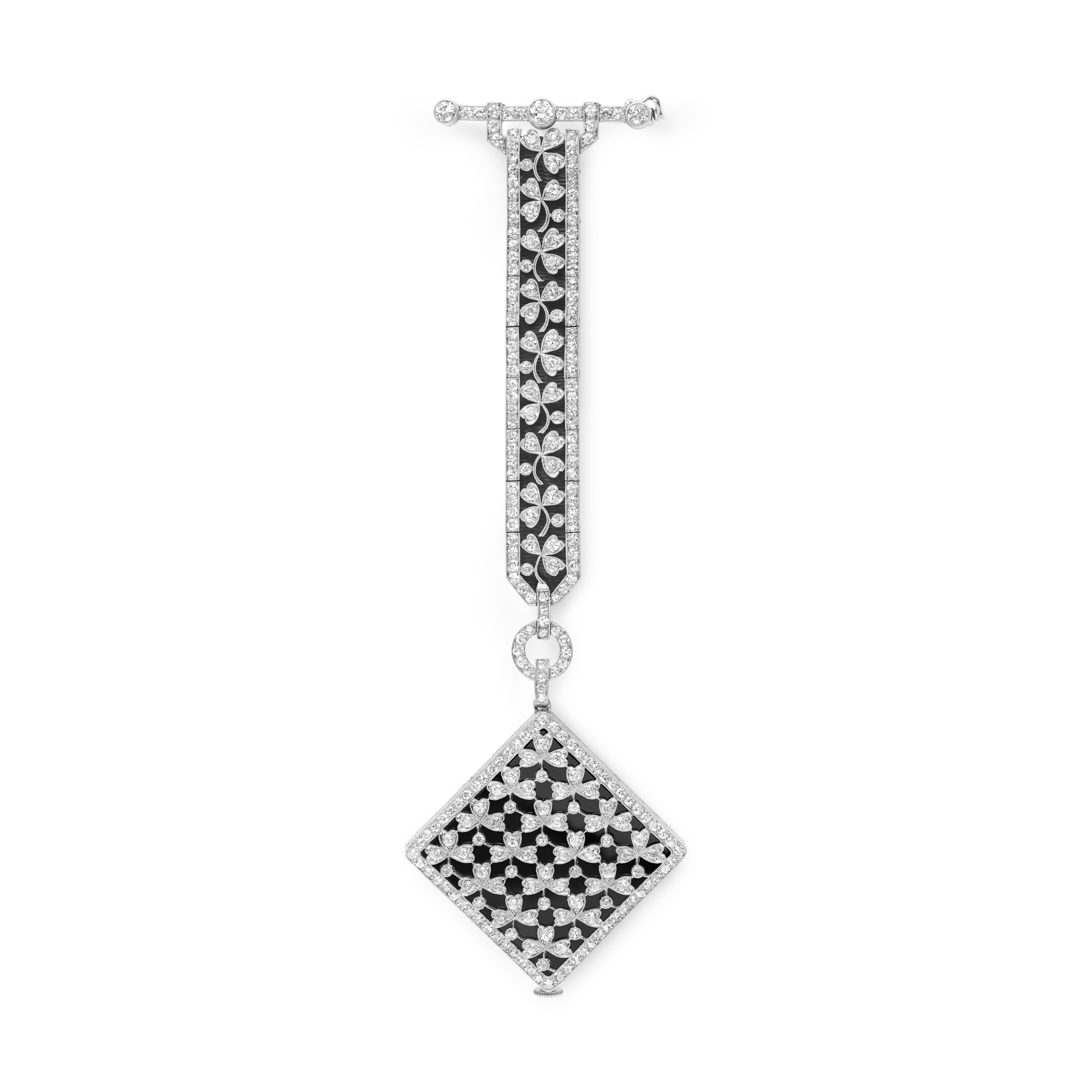 Chatelaine watch, 1921
Platinum, onyx, rock crystal, enamel, silk, diamonds
Van Cleef & Arpels Collection